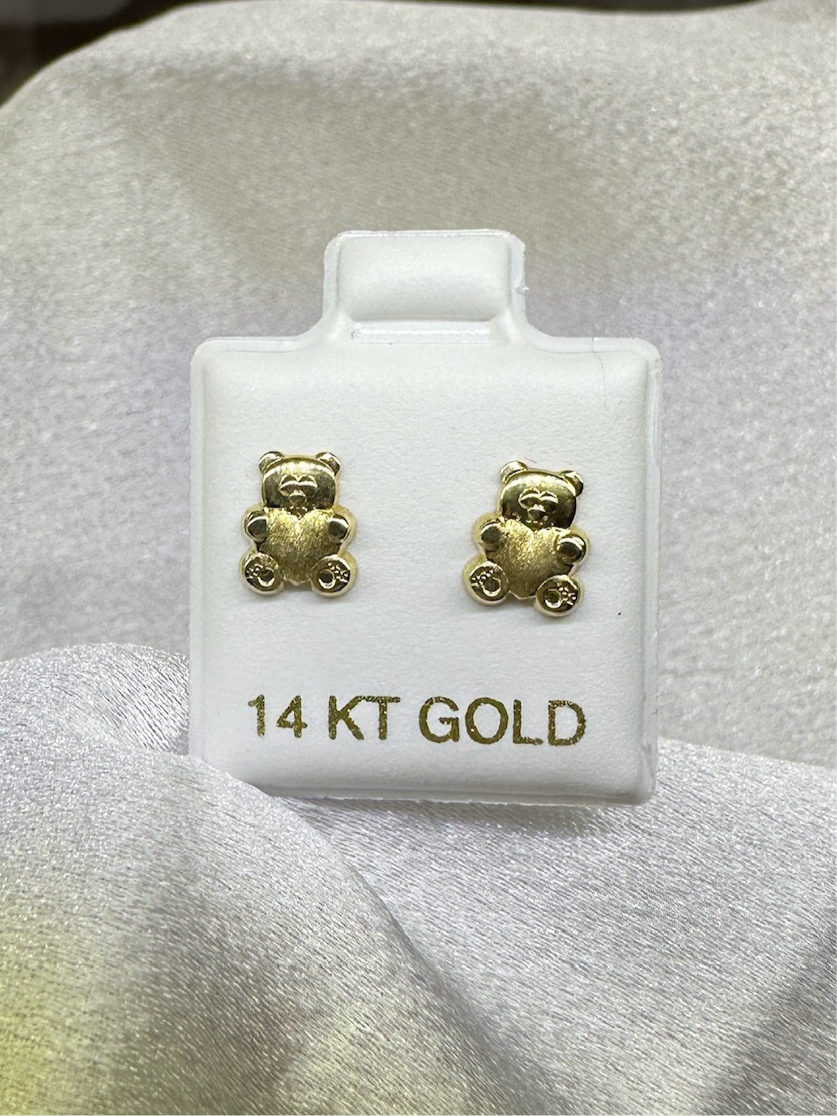 14K Gold Bear with heart Earrings