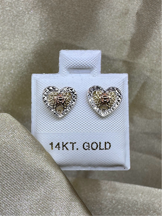 14K Tri-Color Gold Heart Earrings