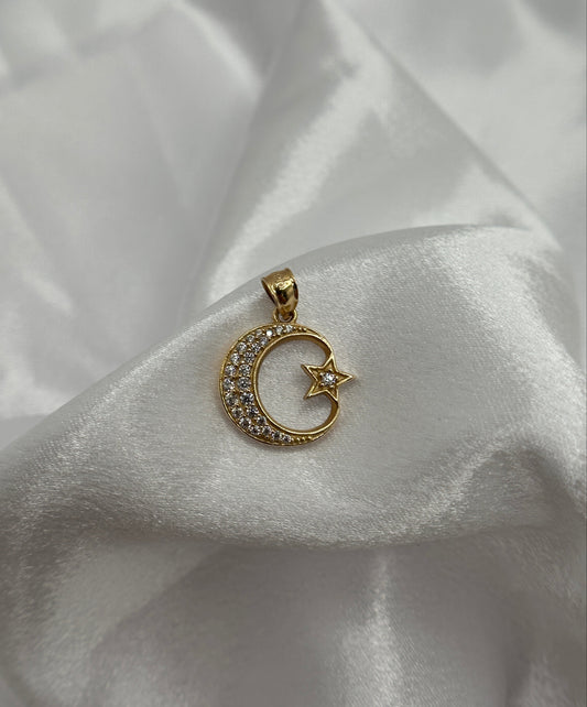 14k Gold Moon & Star Pendant